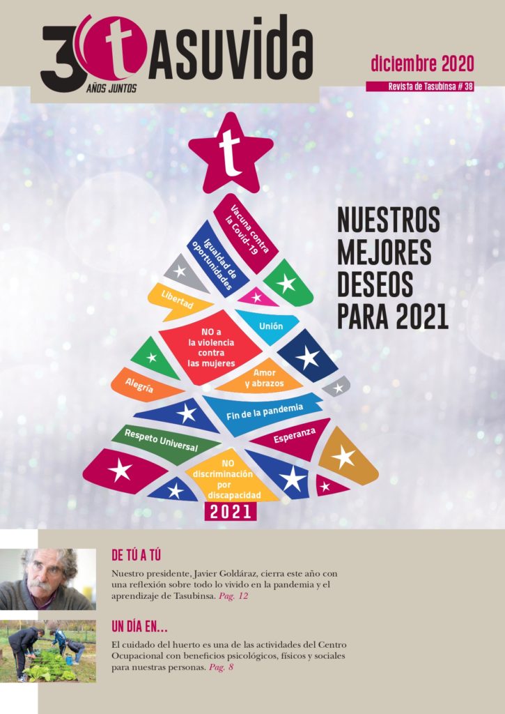 portada de la revista de diciembre, con un árbol de Navidad formado por los deseos de los centros de Tasubinsa para 2021